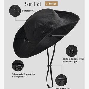 Black Women's Wide Brim Sun Hat with Chin Strap -